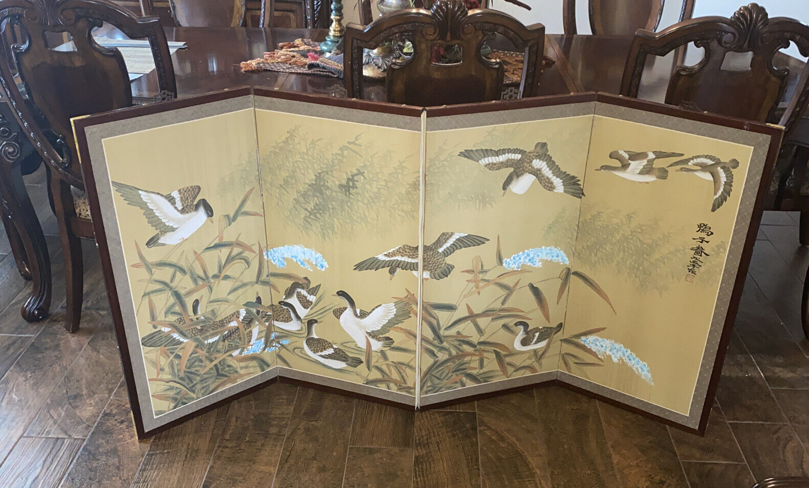 Antique/ Vintage Large 4 Panels Chinese Painted Silk  Screen 70” By 37” Birds