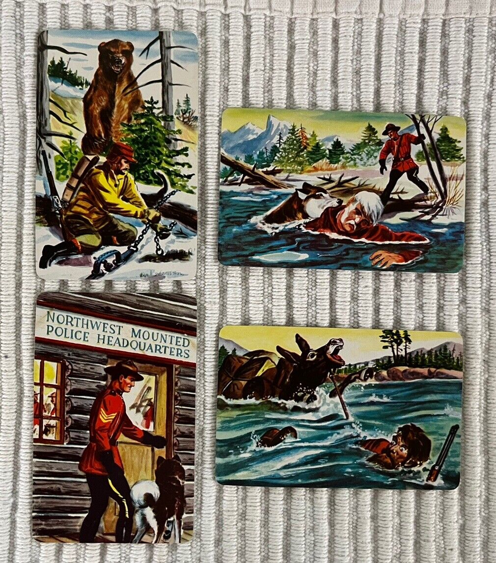 4 Vintage Playing Cards ~ The Great Northwest ~ Men/Bear/Dogs/Mule/Mounties