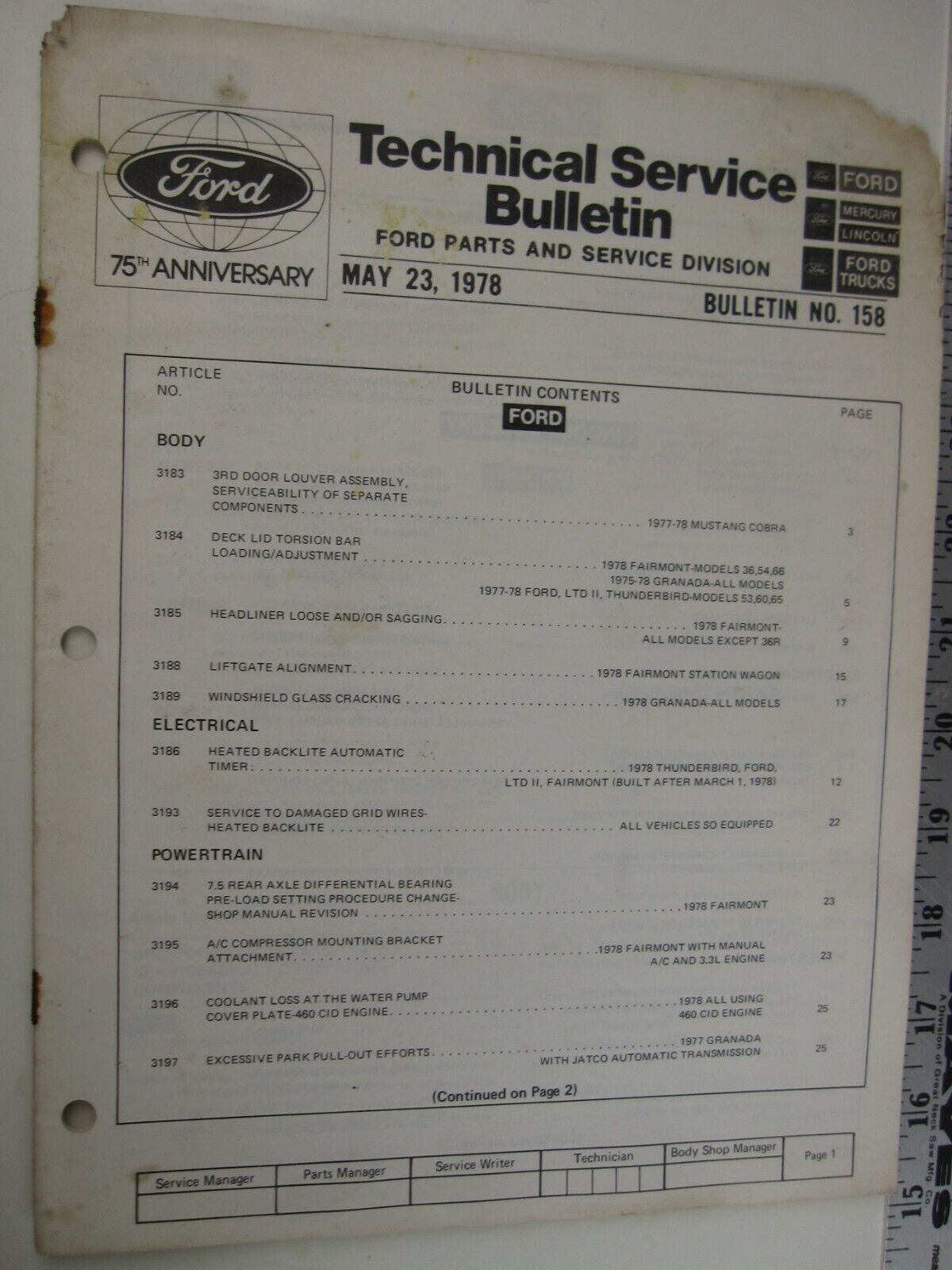 May 23, 1978 FORD Technical Service Bulletin Number 158  BIS