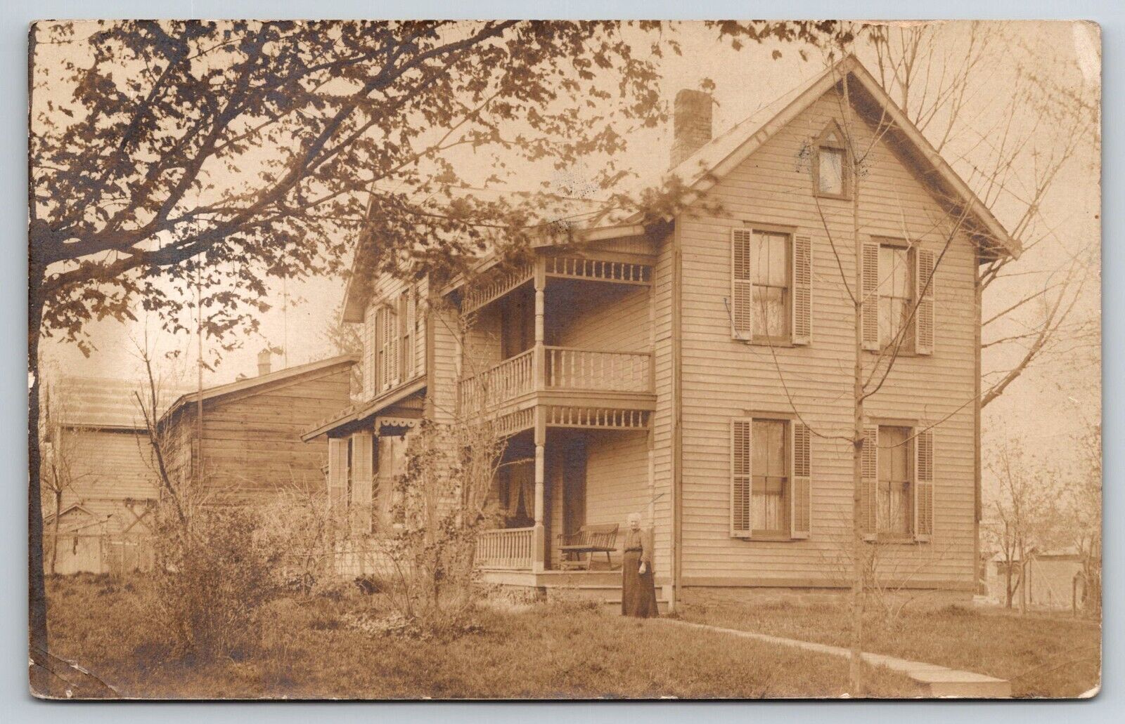 RPPC Two-Story House w Upper & Lower Porches & Mom Postcard RPP082