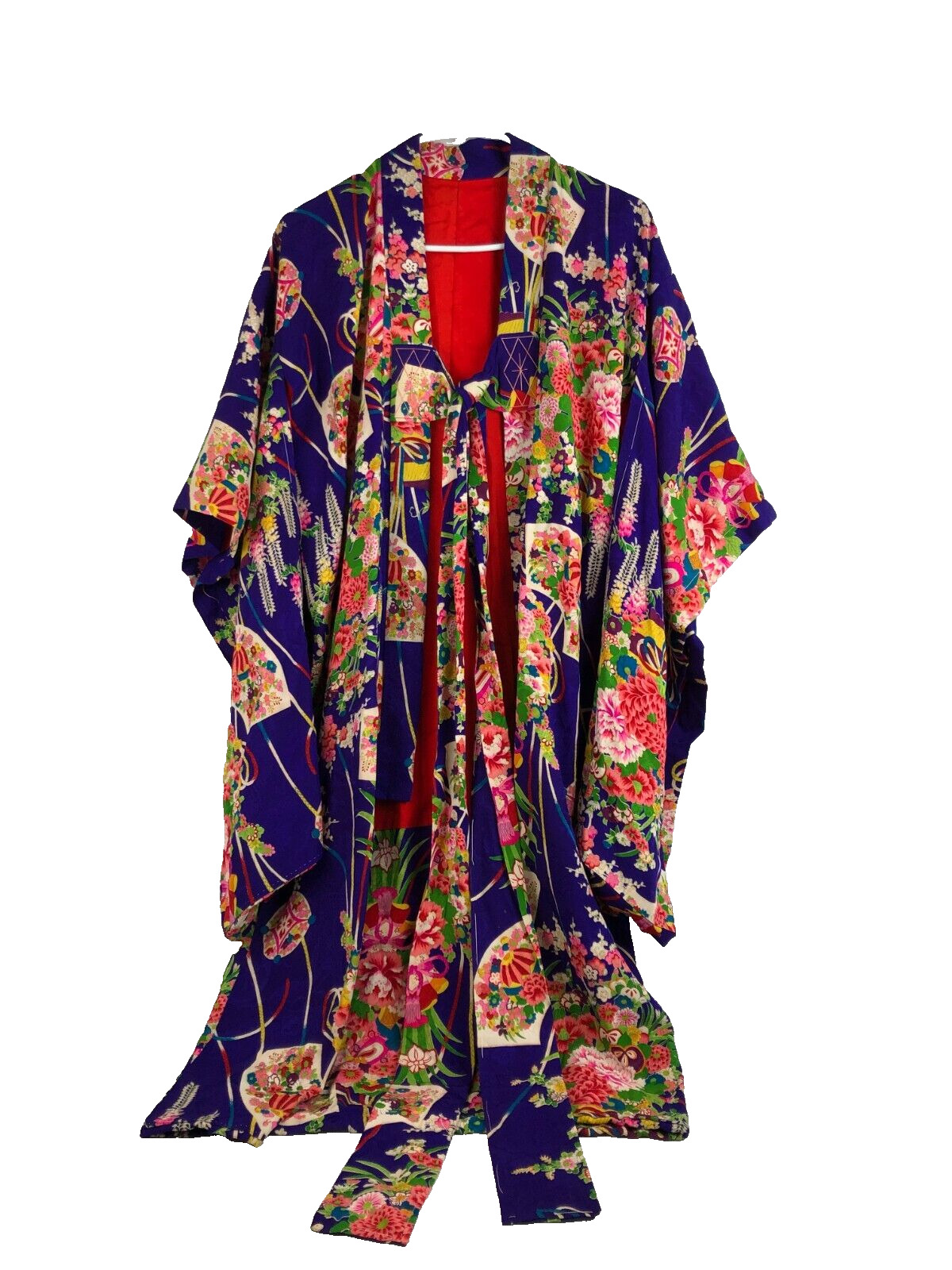 Japanese Kimono Silk Kid's Child's Vtg 1930s Purple Fans Floral Basting Stitches