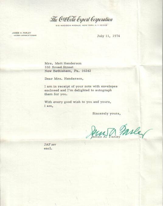 James A. Farley Autographed Letter 1974 Politician / Coca Cola Pioneer D.76