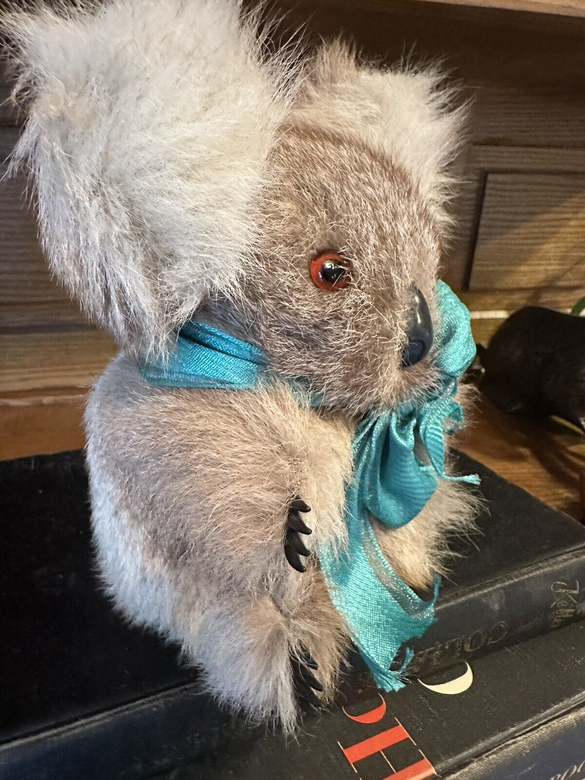 Vintage Australian Gorgeous Genuine Kangaroo Fur Koala Bear 6” With Green Bow