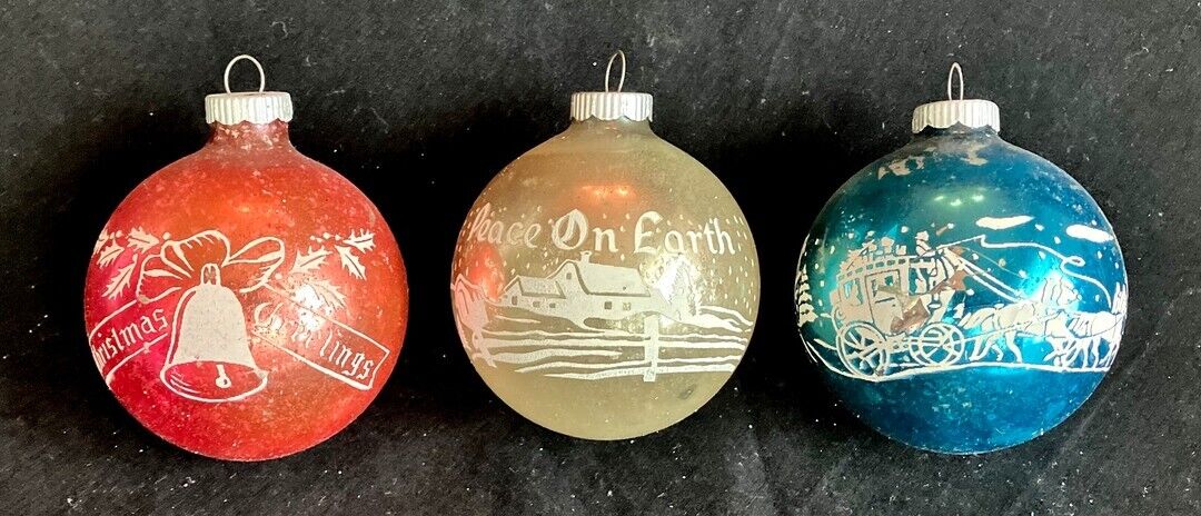 LOT 718-J 3 VINTAGE FROST STENCILED SHINY BRITE 3 IN GLASS CHRISTMAS ORNAMENTS