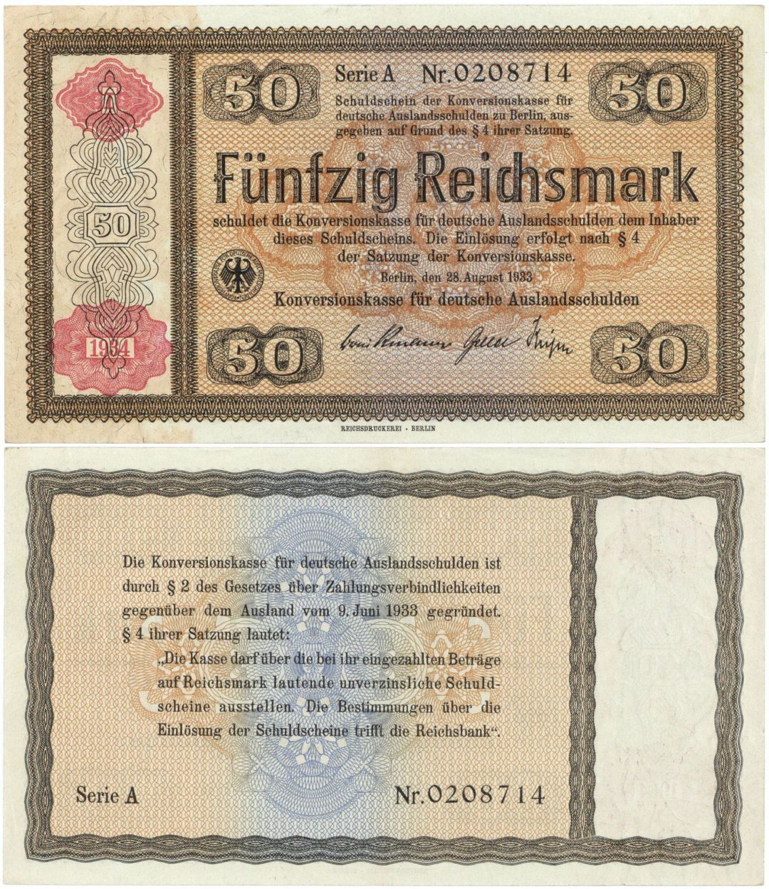 Germany - 50 German Reichsmark - P-211 - 1934 dated Foreign Paper Money - Paper 