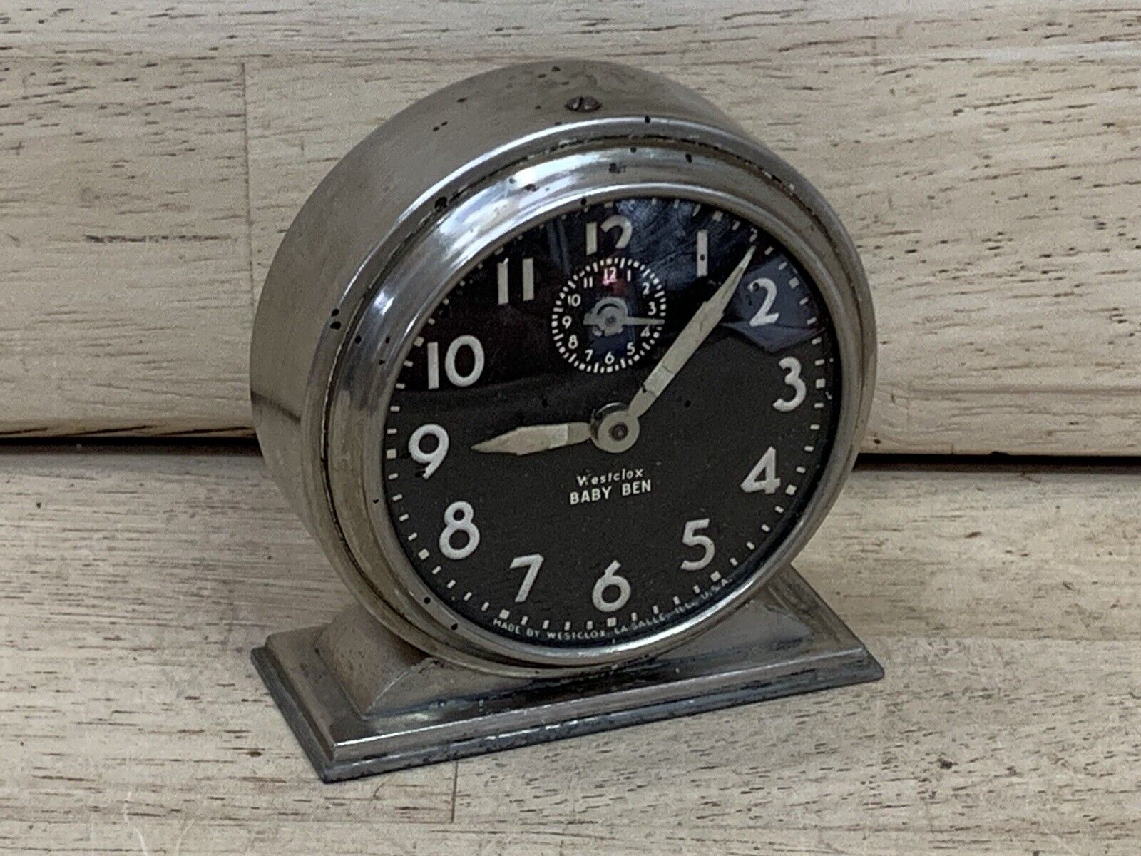 Antique Silver Westclox Baby Ben 1930s Alarm Clock Black Luminates - WORKS GREAT