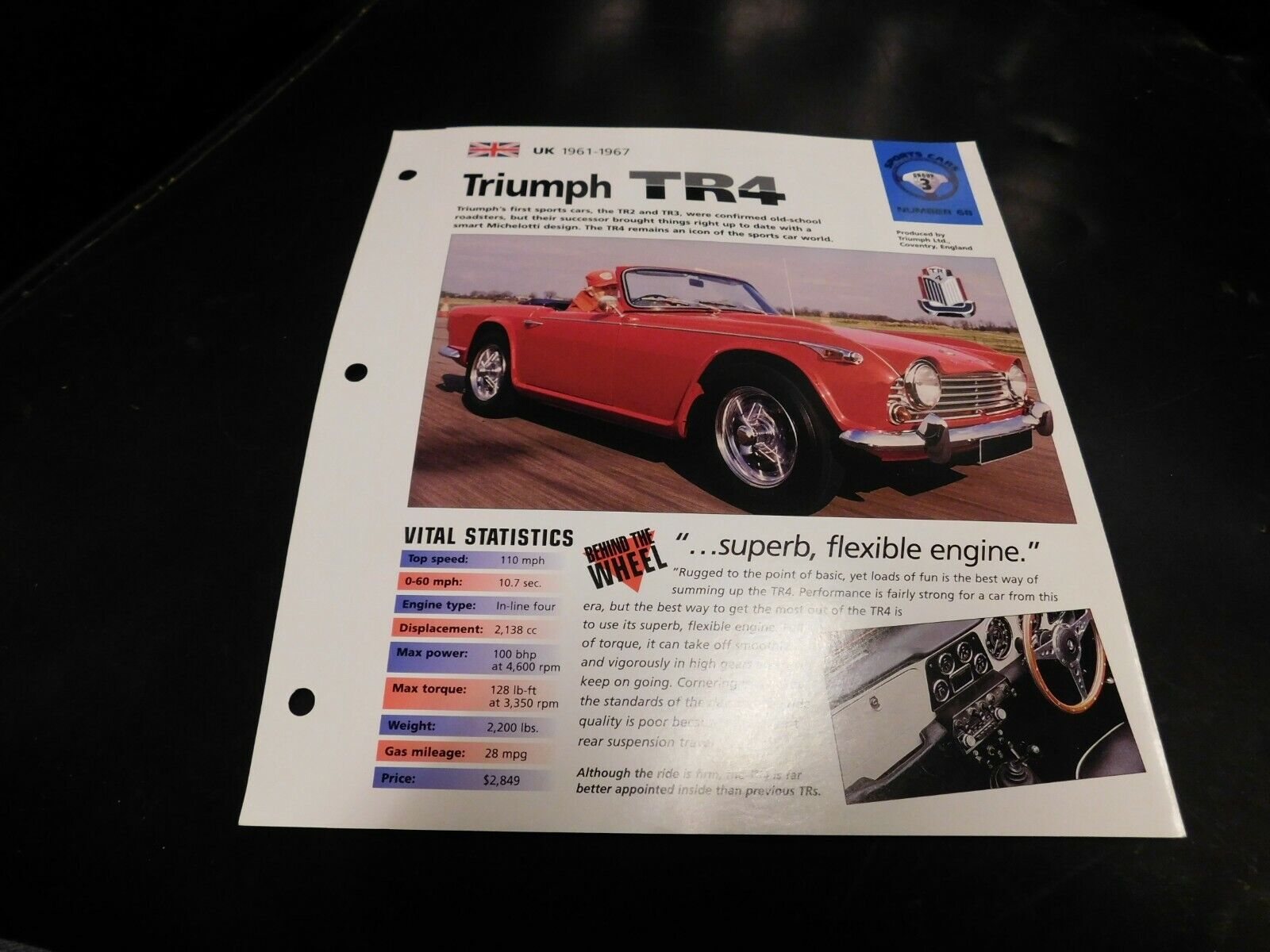 1961-1967 Triumph TR4 Spec Sheet Brochure Photo Poster 62 63 64 65 66
