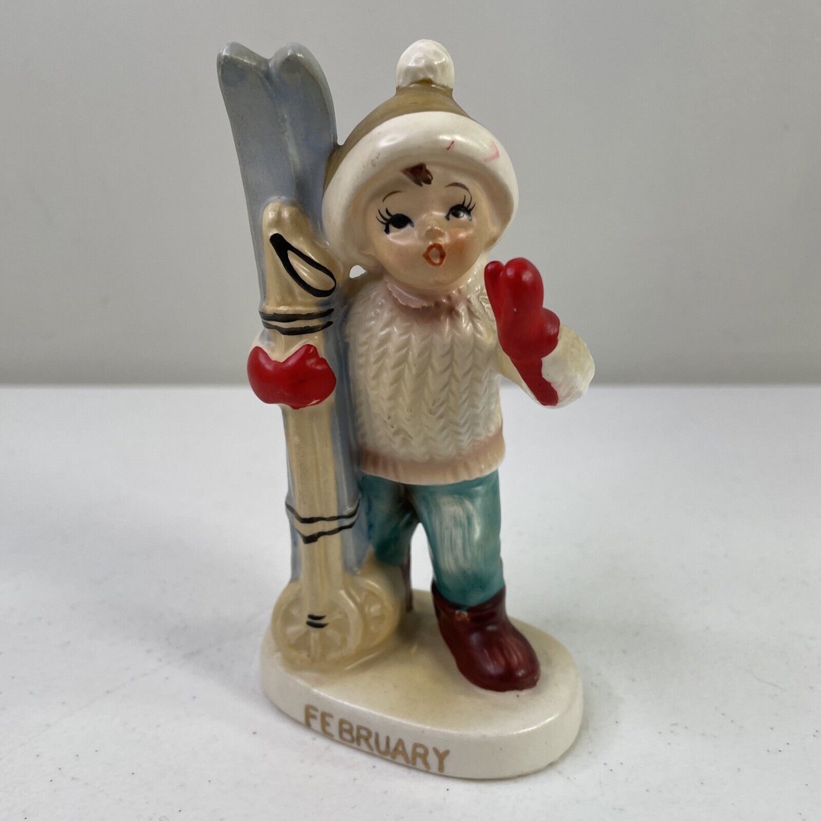 Vintage Lefton February Boy Figurine 2300 Winter Snow Skiing Birthday Month 5”