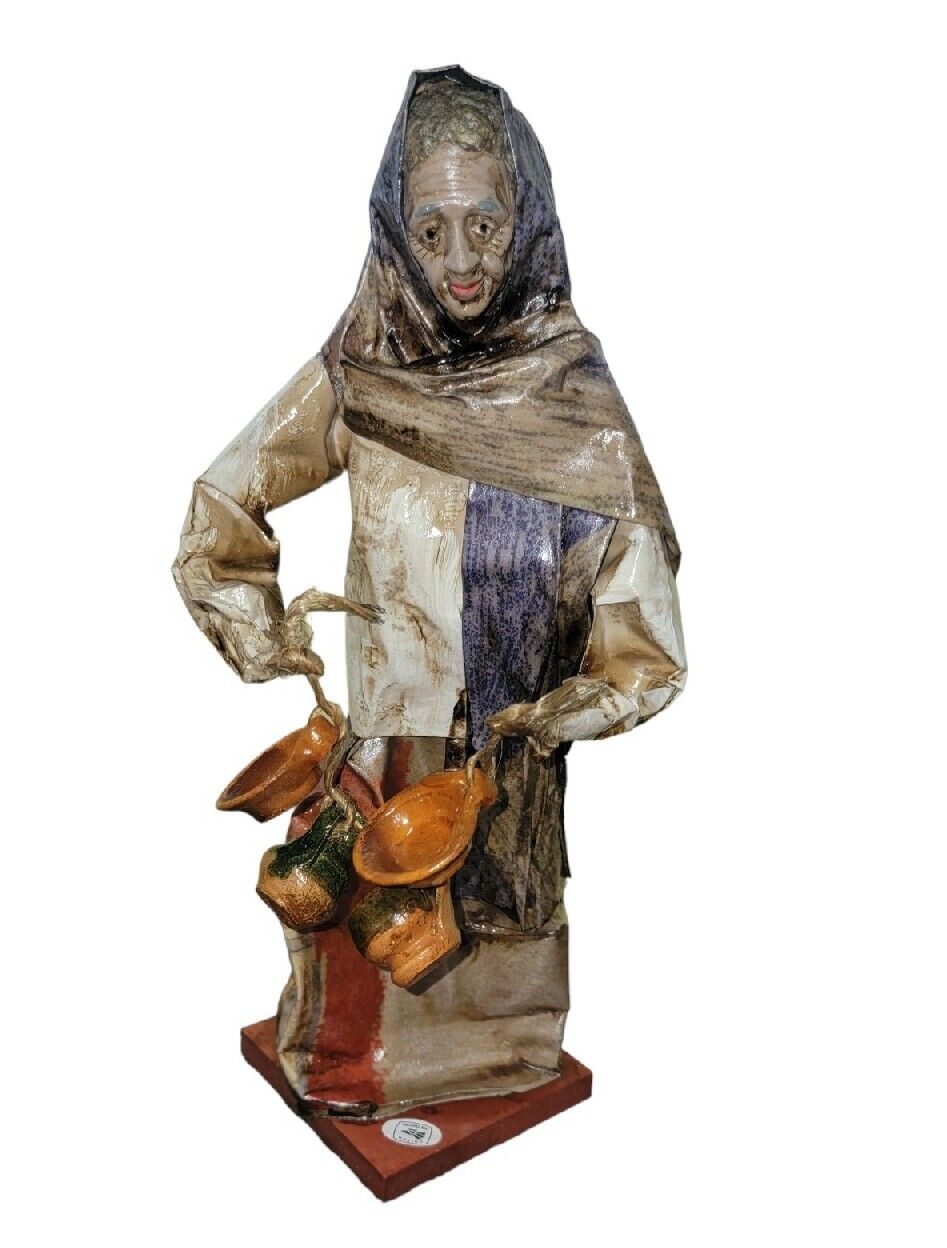 Vintage Mexican Paper Mache Folk Art Old Woman Figurine Carrying Pot 13” Tall 