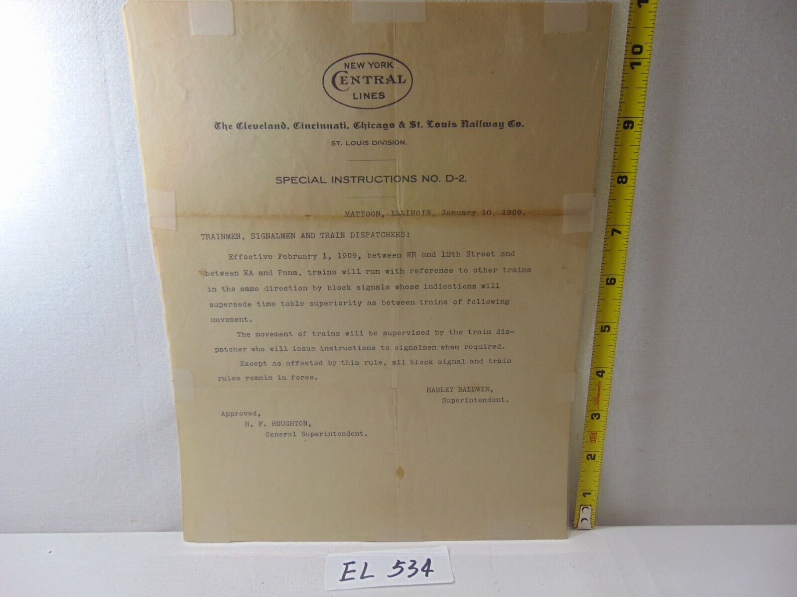 Vintage New York Central Lines Railroad Letter 1909 Document St Louis Division