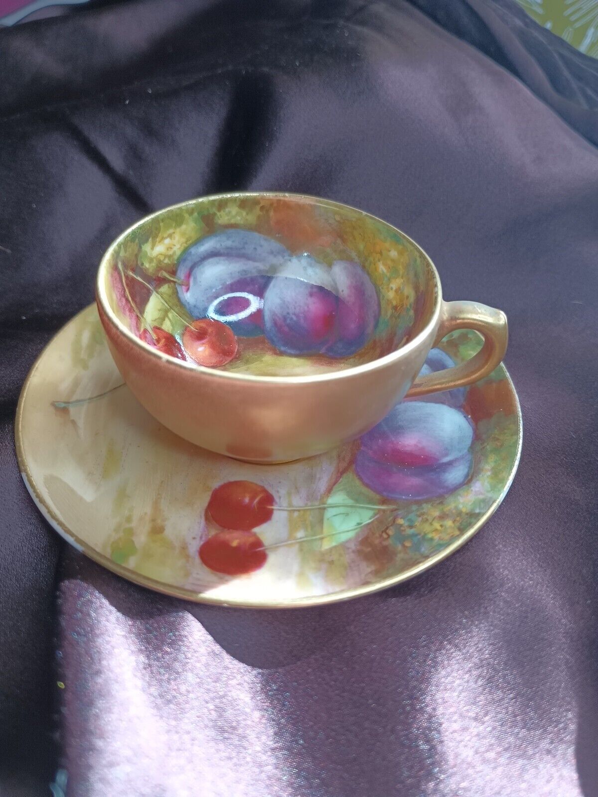 Royal Worcester Painted Fruit Demitasse Cup & Saucer with Painter Signature