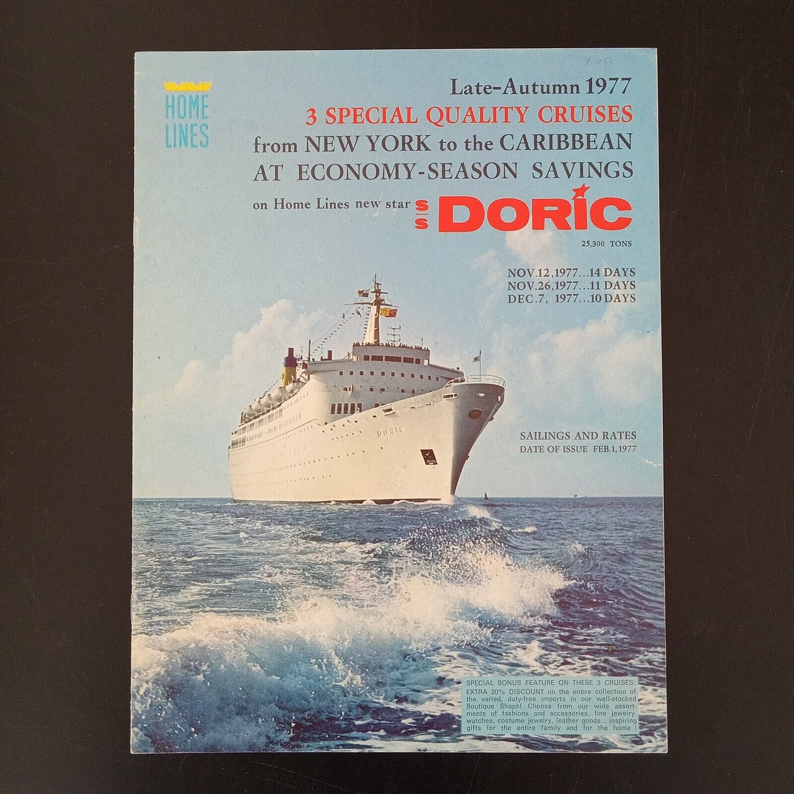 SS DORIC Home Lines Cruise 1977 Brochure Deck Plans Rates Activities