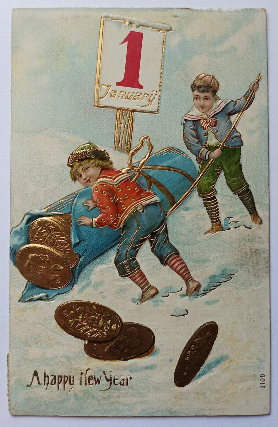 Antique 1908 A Happy New Year Boys With Roll of Gold Coins Embossed Postcard