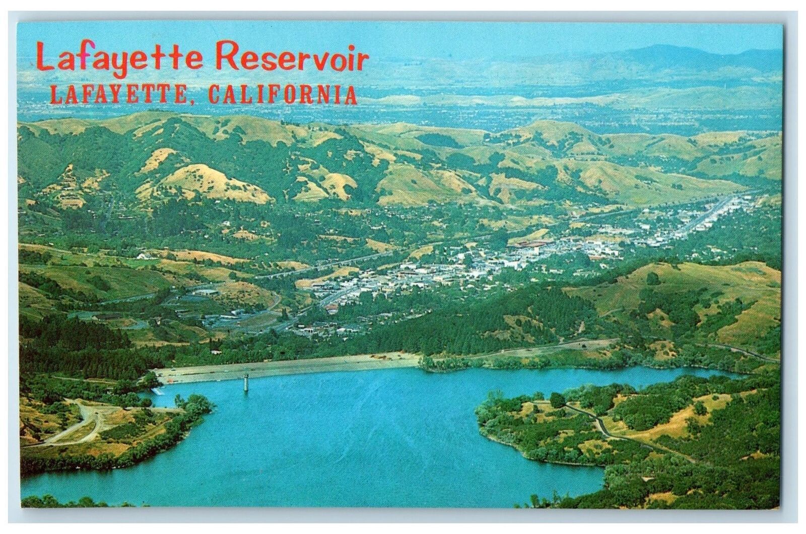 c1950's Lafayette Reservoir Aerial View Town River Lake Lafayette CA Postcard