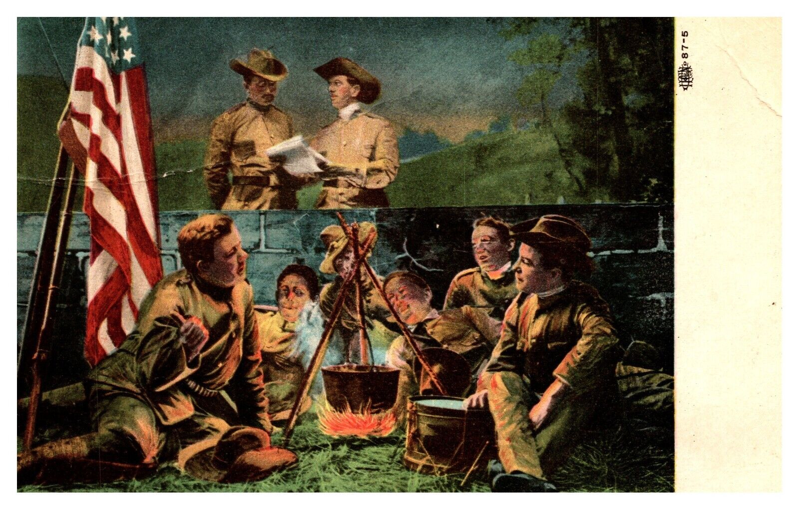 postcard Officers Plan While Young Soldiers wait on meal American Flag 3682