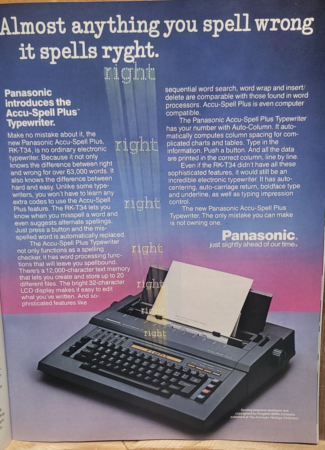 Vintage 1987 Panasonic Typewriter Print Ad 8X11