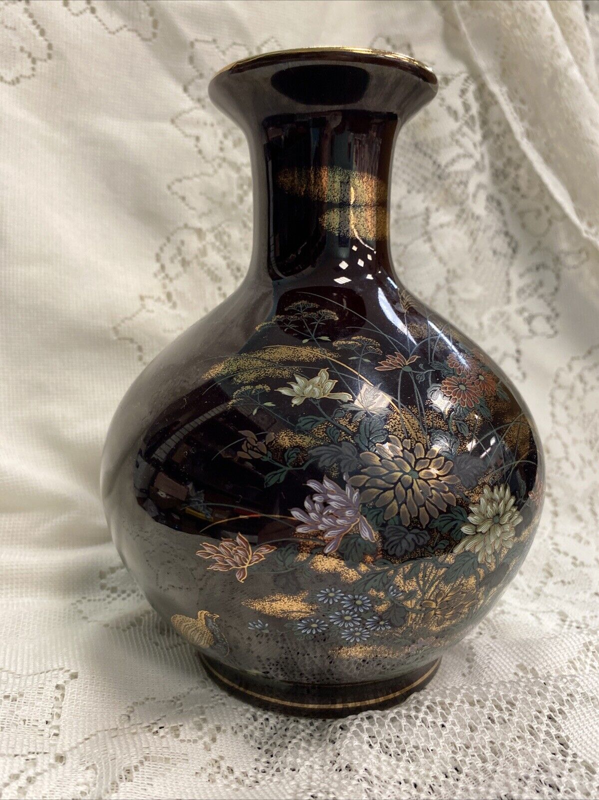Shibata Japan Vintage Black Porcelain Vase -Polychrome Bird And Flower Design