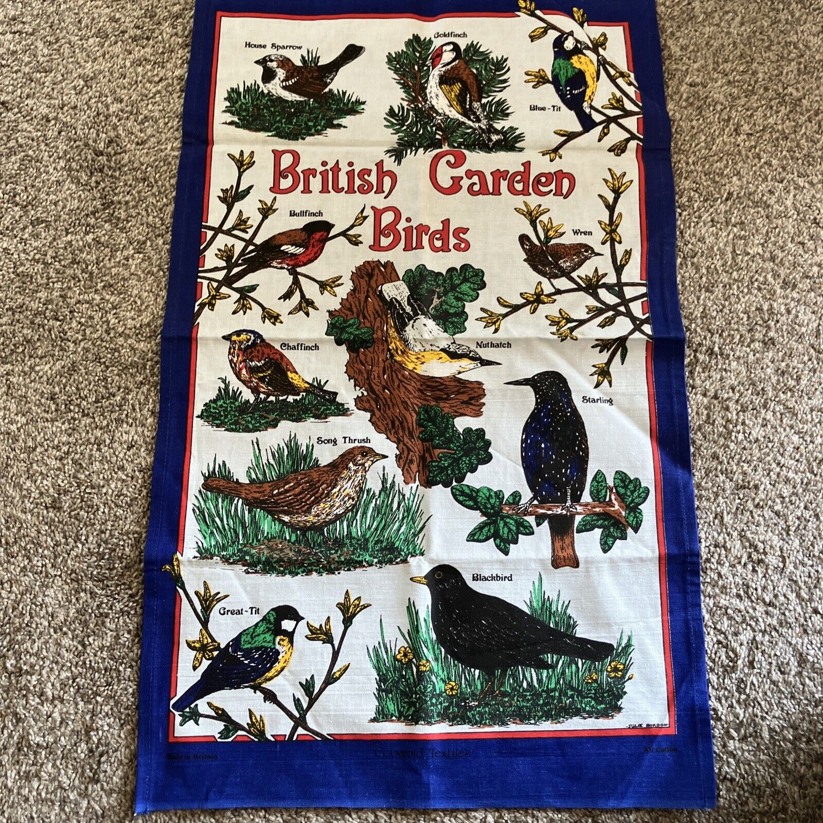 British Garden Birds Souvenir Tea Towel • Cotton Kitchen 17 X 29 Julie Burden