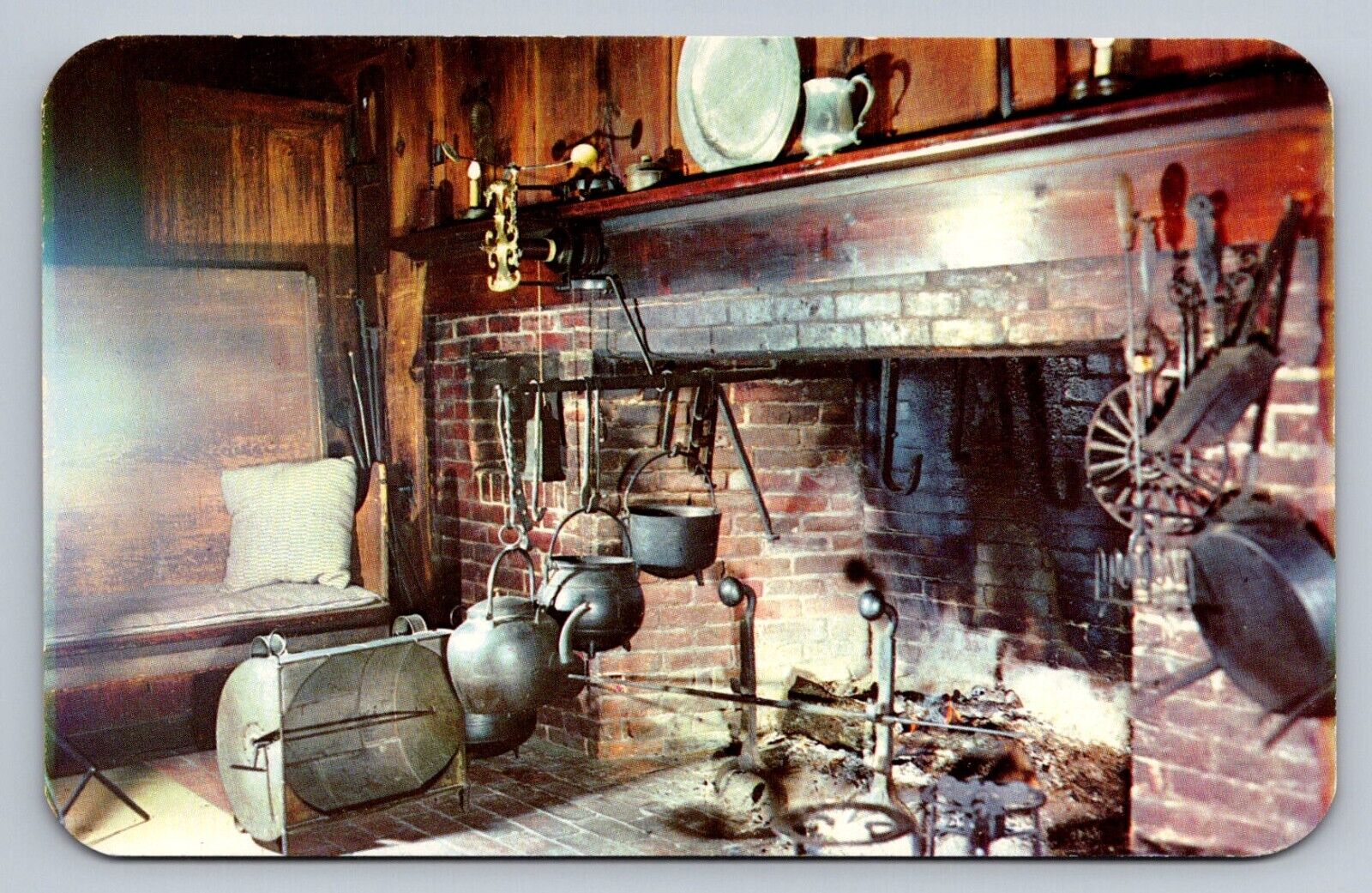 Postcard Massachusetts Sudbury Wayside Inn Old Kitchen Fireplace Chrome D427