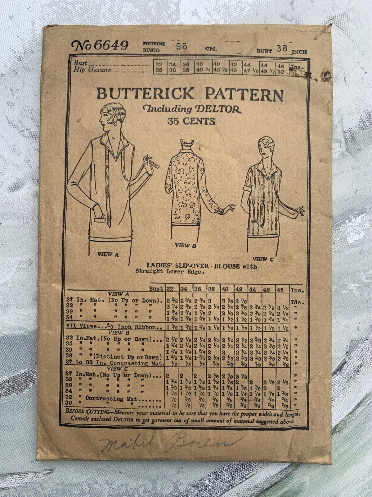 Vintage Butterick Pattern Blouse 1920’s 