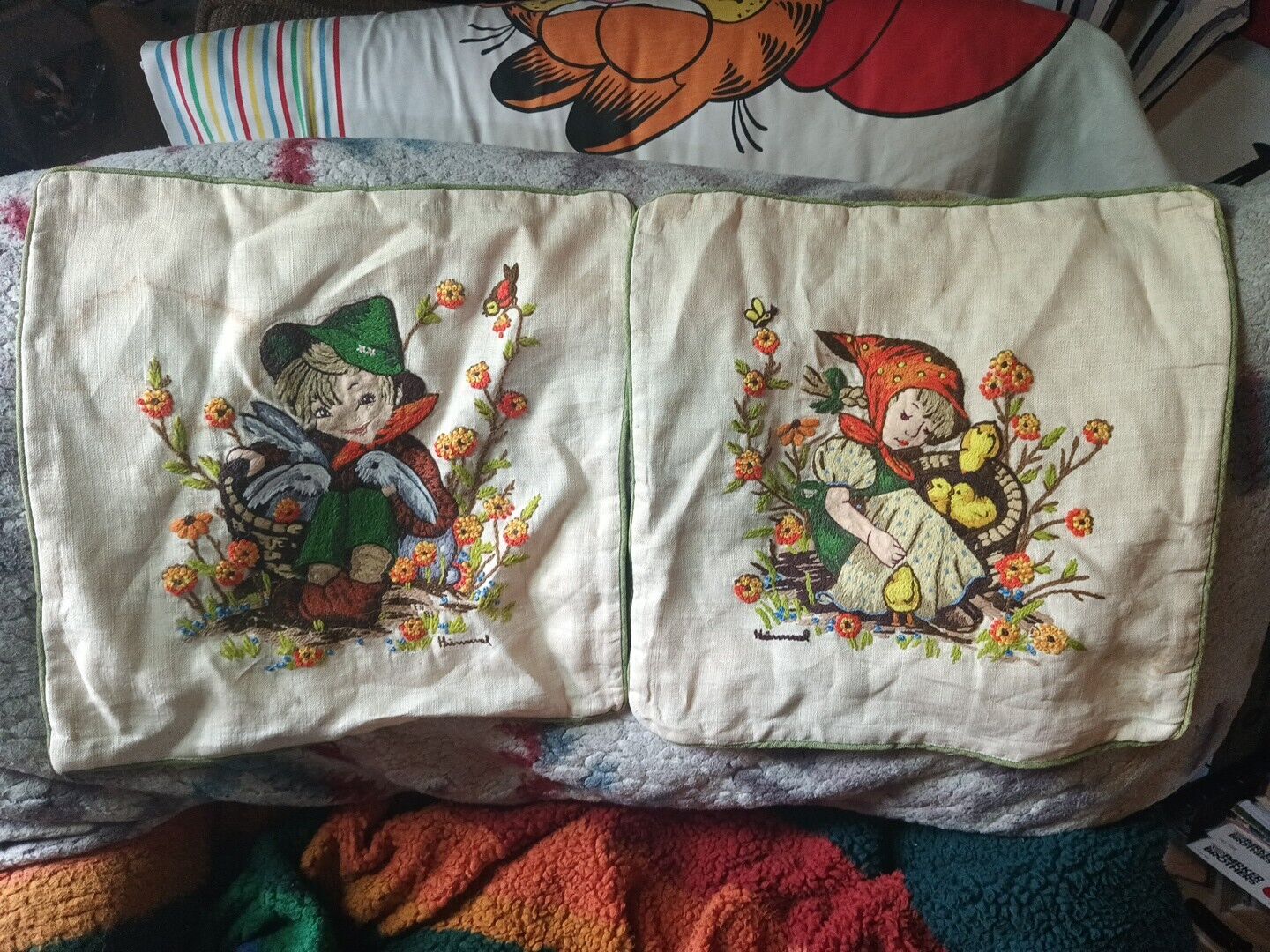 Vintage Hand Embroidered Hummel Boy and Girl Pillows 13\