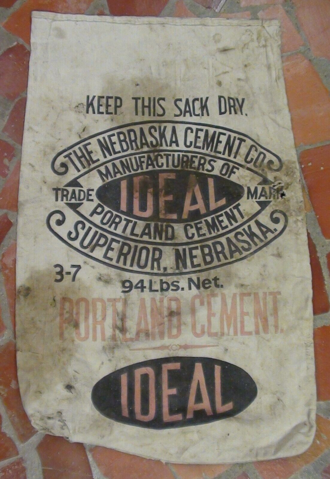 Vintage Nebraska Ideal Portland Cement Co.  Empty Canvas Bag Sack Superior Neb.