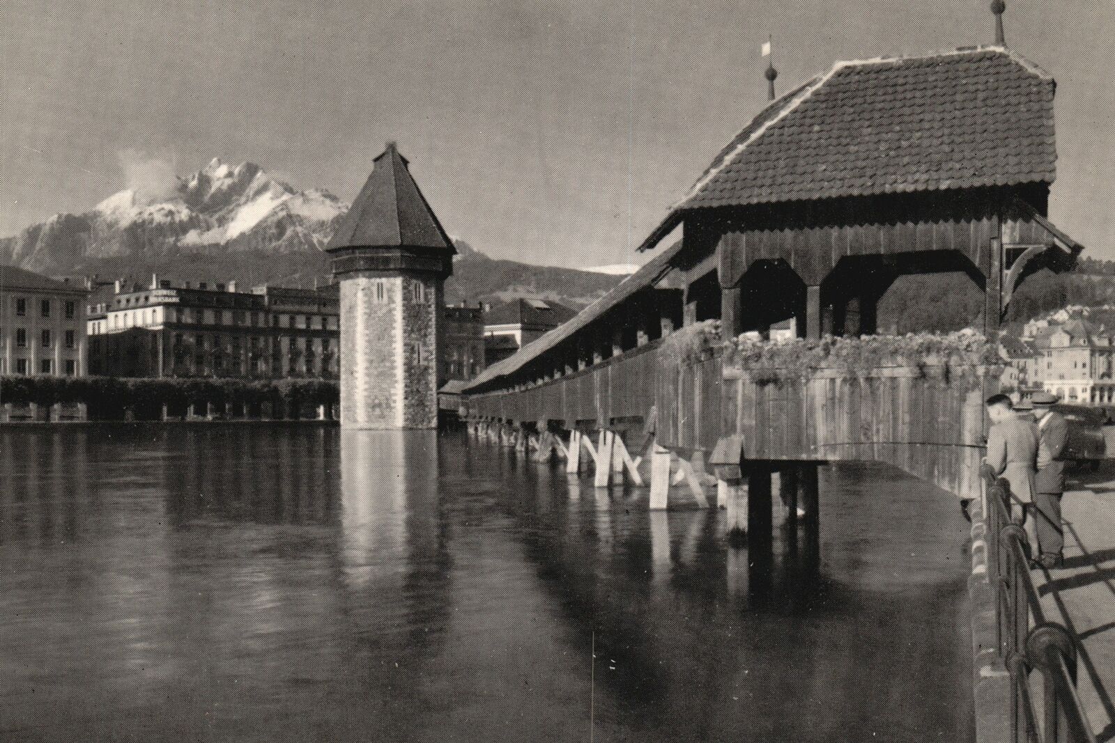 Vintage Postcard Lucerne Chapel Bridge Mt Pilatus Footbridge Lucerne Switzerland