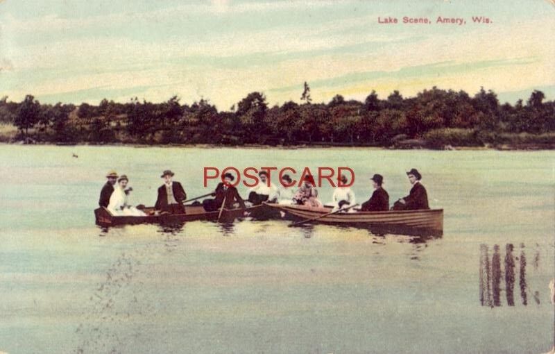 1909 LAKE SCENE, AMERY, WIS. five men and five women in two rowbpats
