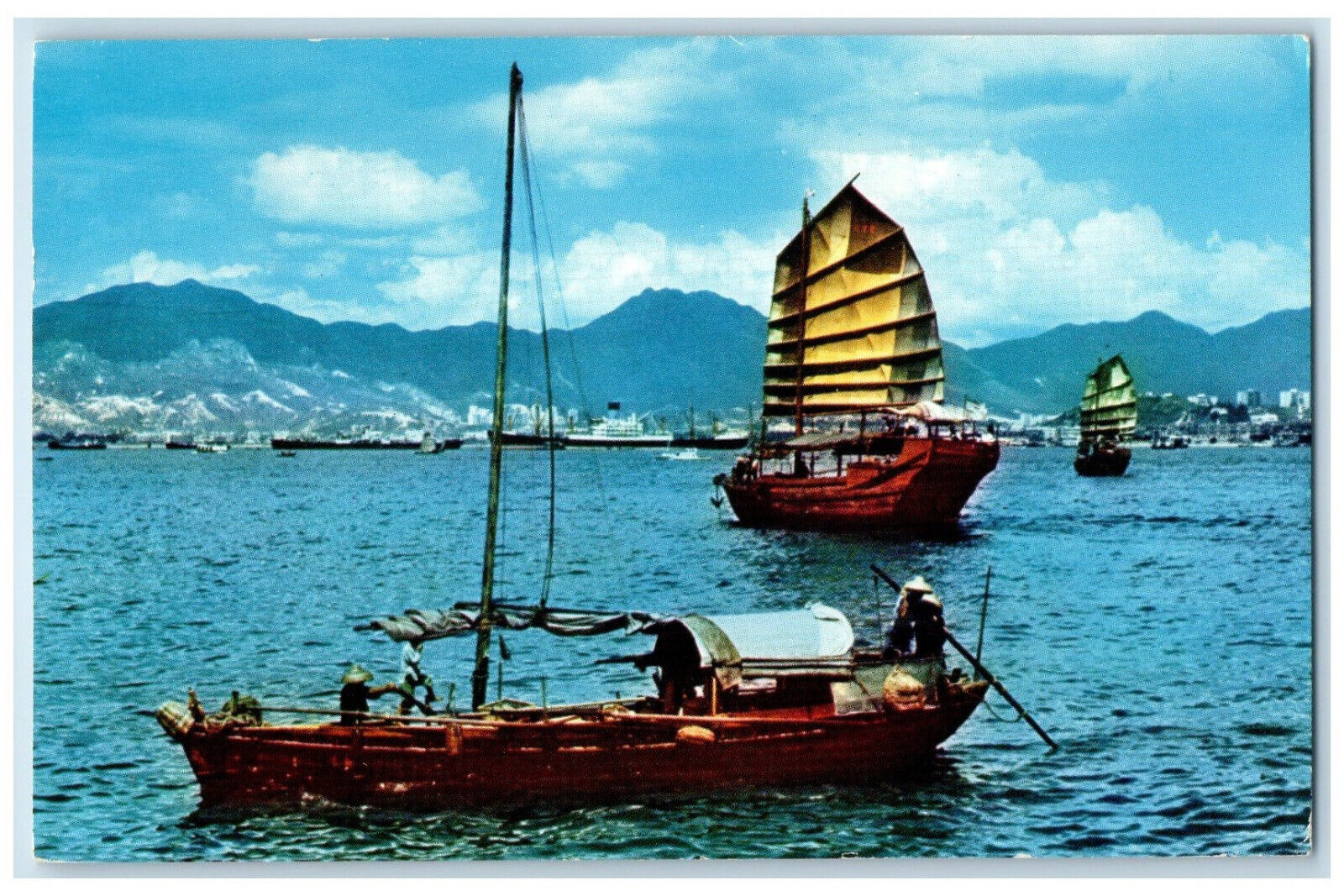 1950 Boat Sailing Cargo Junks in Hong Kong Harbour Vintage Posted Postcard
