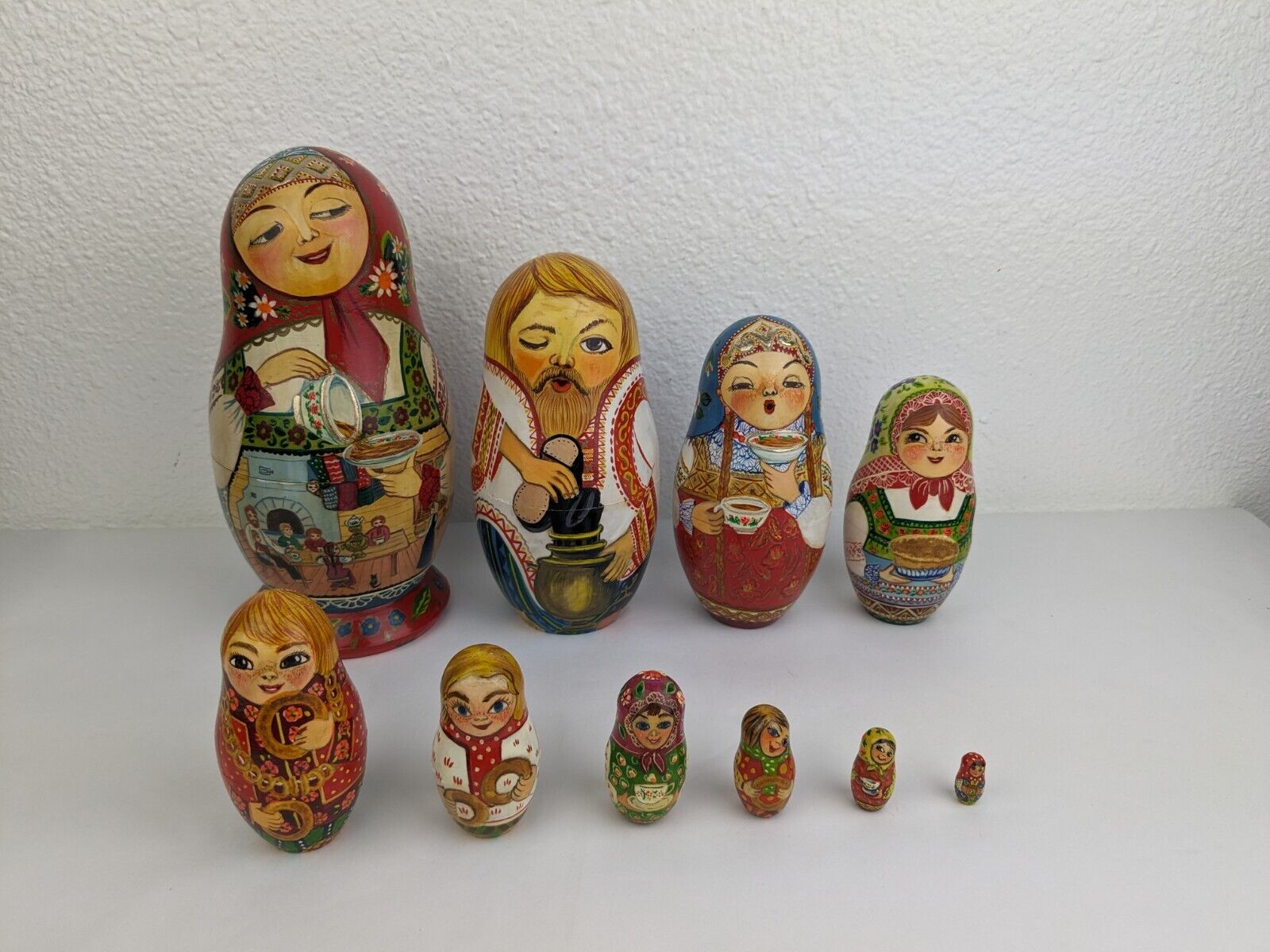 Vtg 1994 Hand Painted Matryoshka 10 Piece Set Nesting Dolls Signed 6.5\