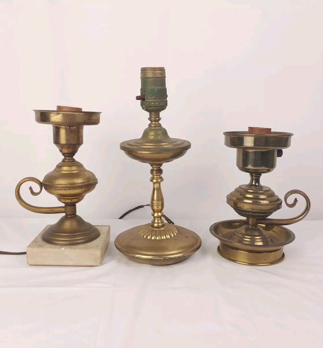 Lot of 3 Three Vintage Pressed Brass Lamps Candlestick Chamberstick Parts Repair