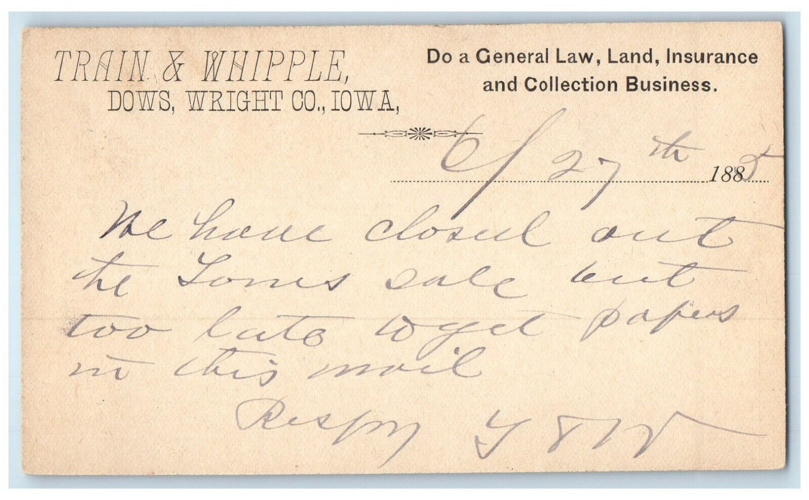 1885 Train & Whipple Dows Wright Co. Iowa IA Iowa Falls IA Postal Card