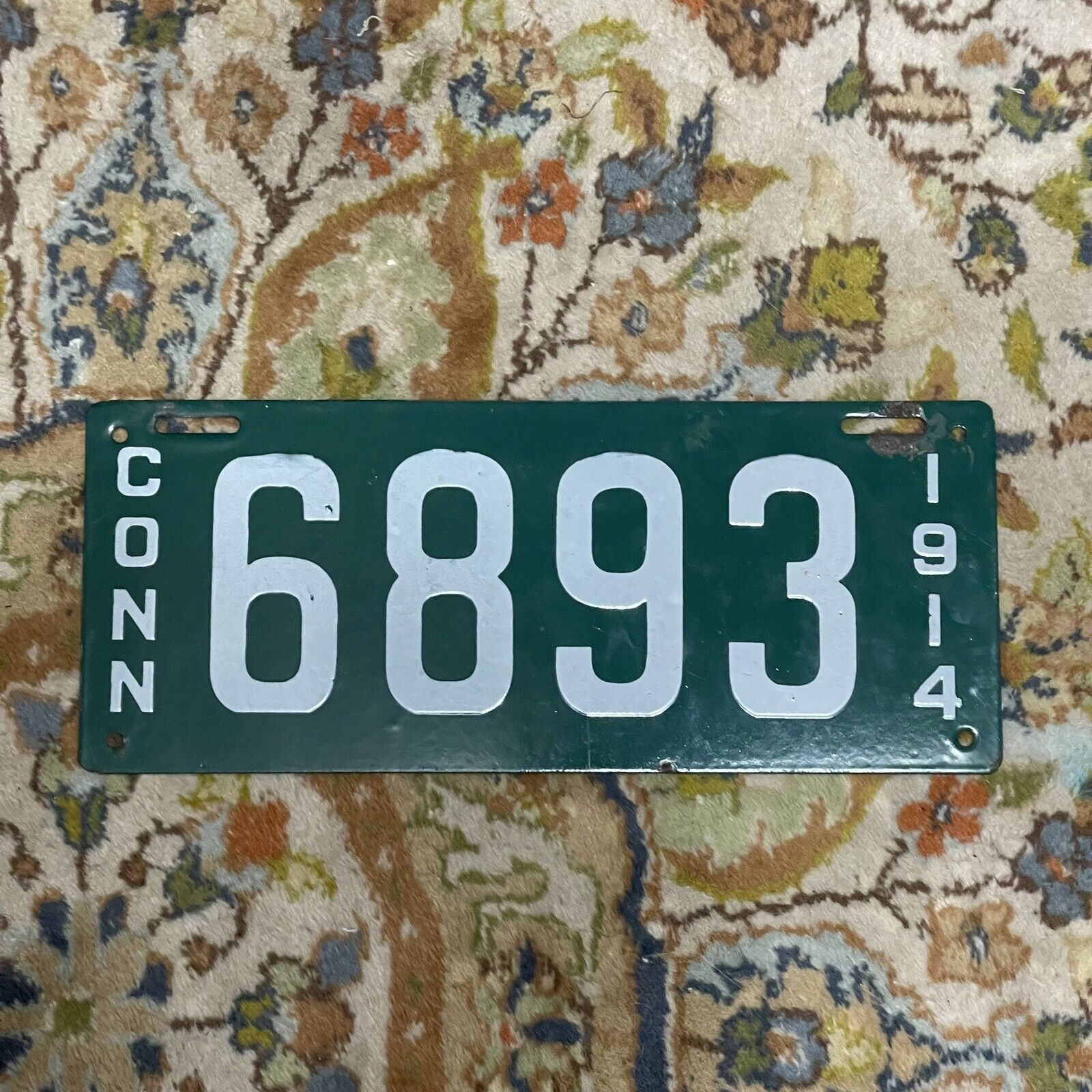 1914 Connecticut License Plate 4 Number- porcelain #6893 Pristine (No Touch Up)