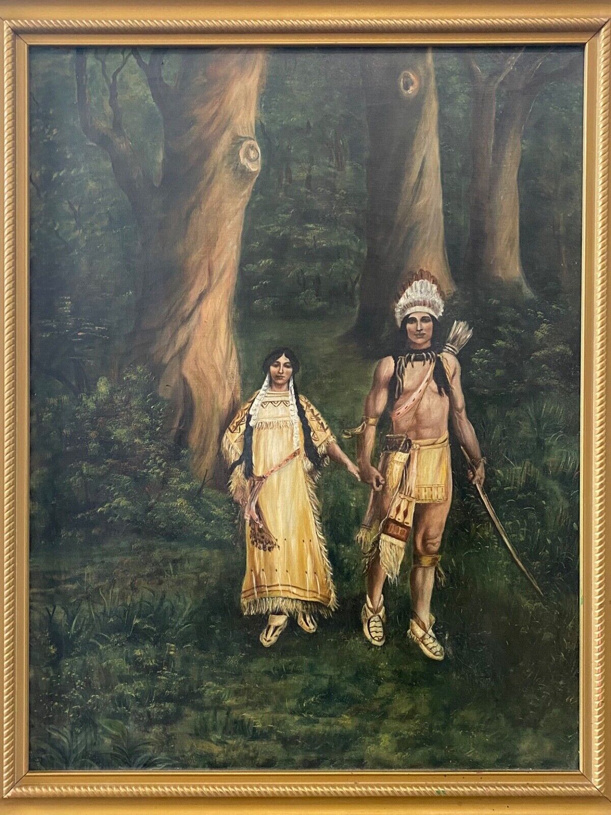🔥 Antique 19th c. Old Western Native American Indian Pocahontas Oil Painting