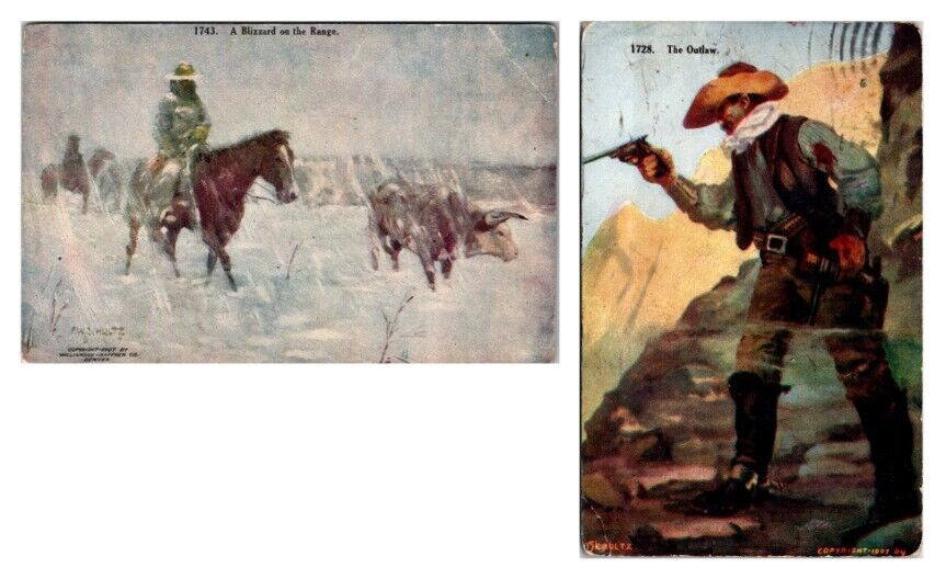2 VTG Early 1900s Western Postcards, The Outlaw, A Blizzard on the Range Schultz