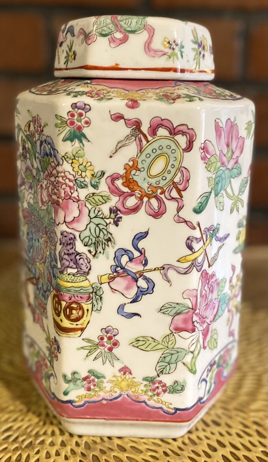 Vintage Chinese hexagonal hand painted porcelain lidded Jar Mid 20th c.