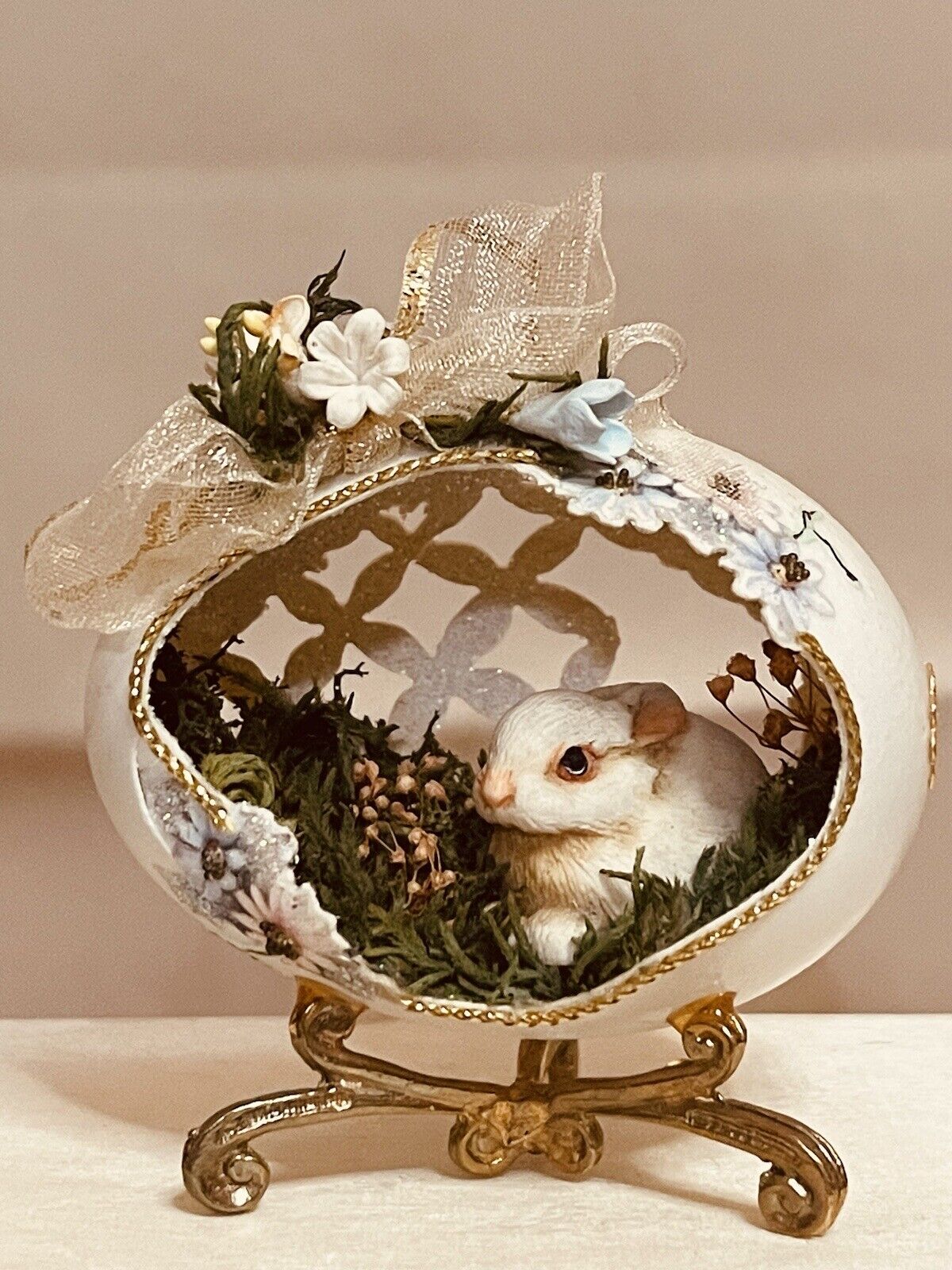 Vintage Hollowed Out Elegant Egg Springtime Bunny Scene Hand Crafted with Stand