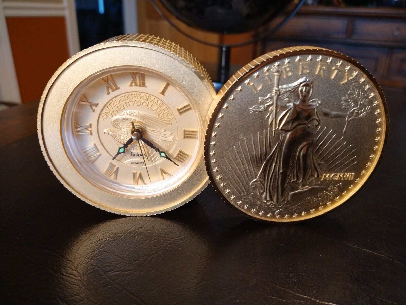 Bulova Walking Liberty Gold Coin desk Travel AA Battery alarm clock Working