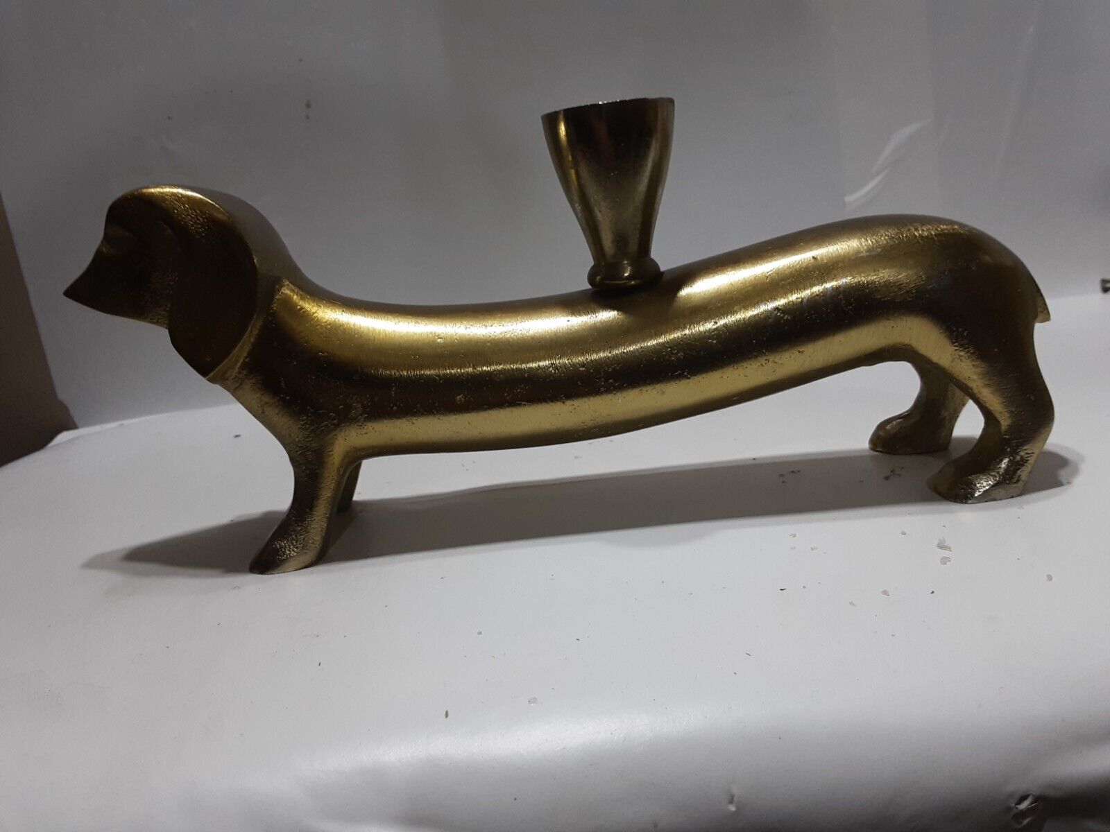 OUTSTANDING ABSTRACT MODERNIST METAL DACHSHUND FIGURINE,SCULPTURAL CANDLE HOLDER