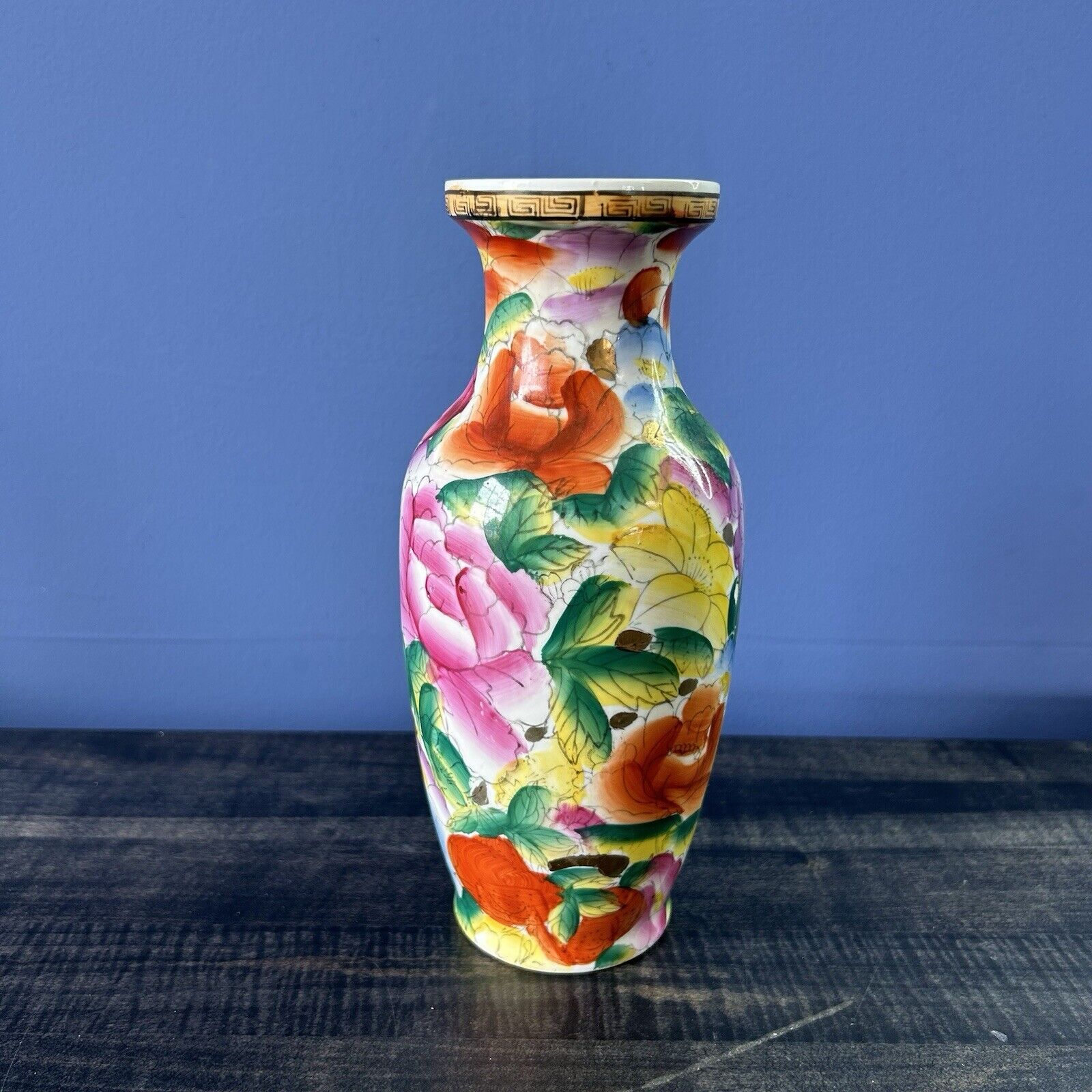 Chinese Porcelain Floral Vase Colorful Vibrant Painted Vintage Stamped
