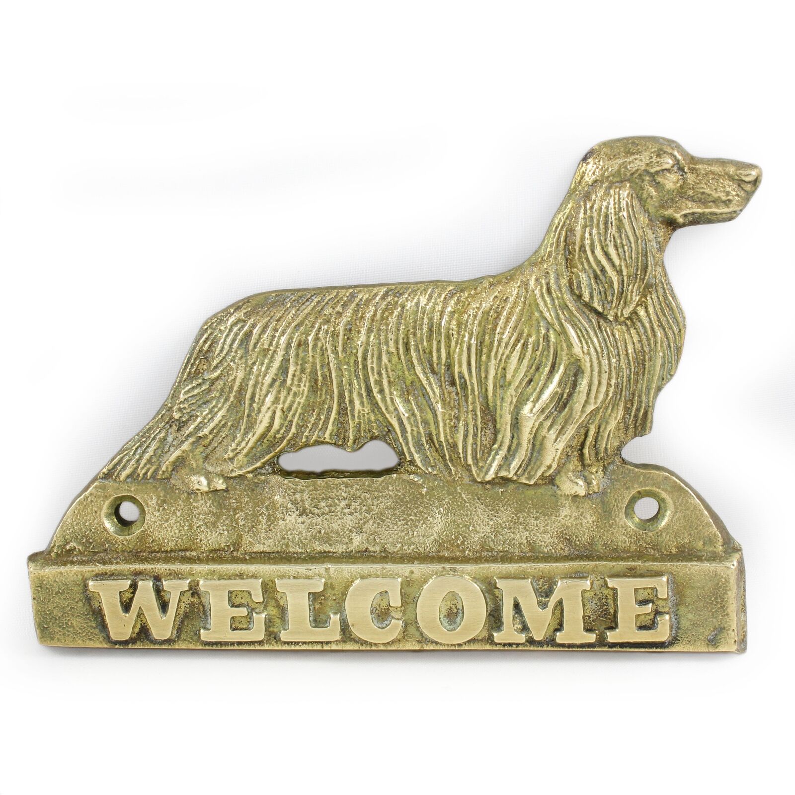 Dachshund Long-Haired - Brass Plate with The Inscription \'Welcome\' Art Dog