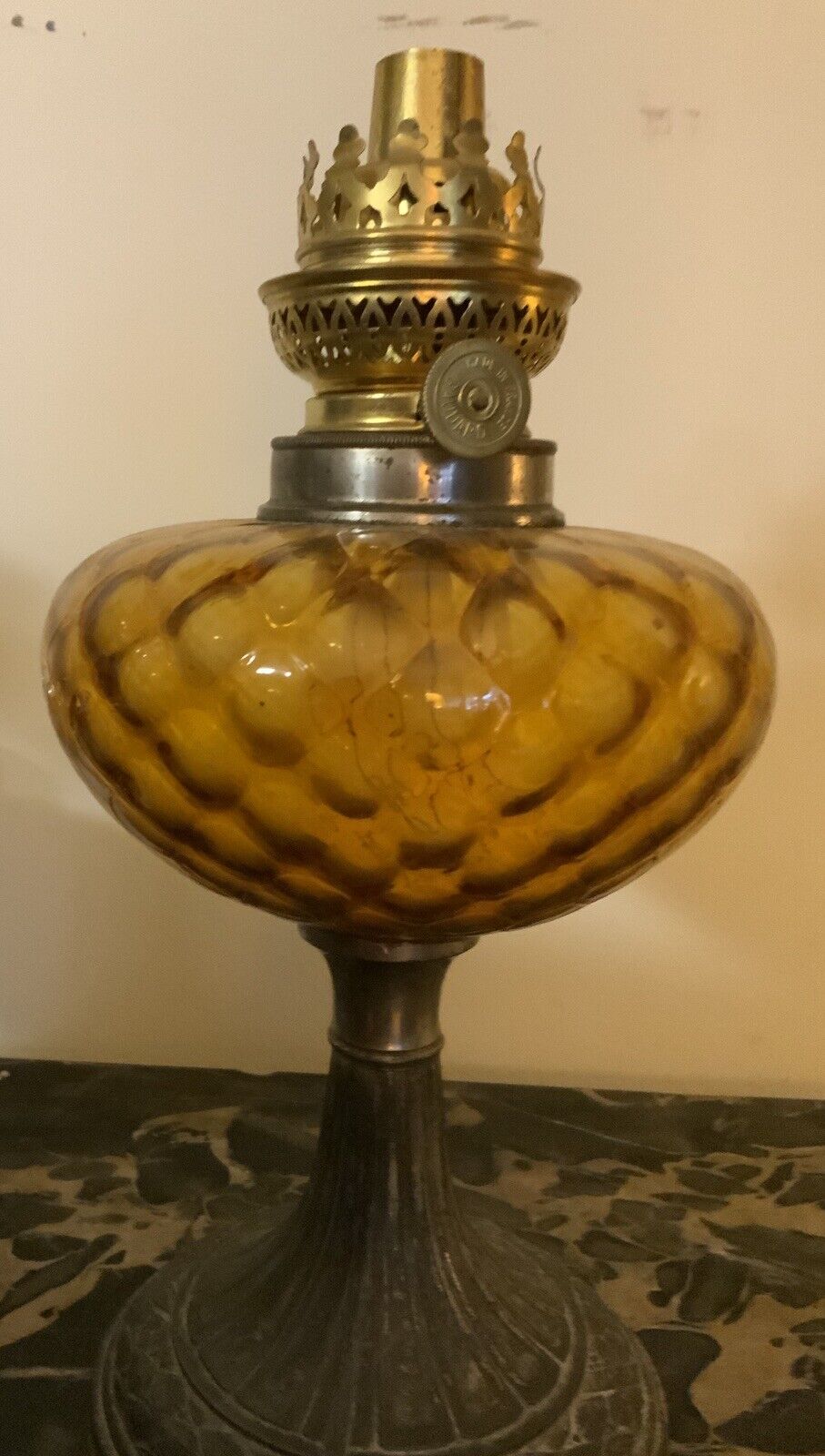 Vintage  oil lamp base Amber Glass. Guarard Made In France No Chimney