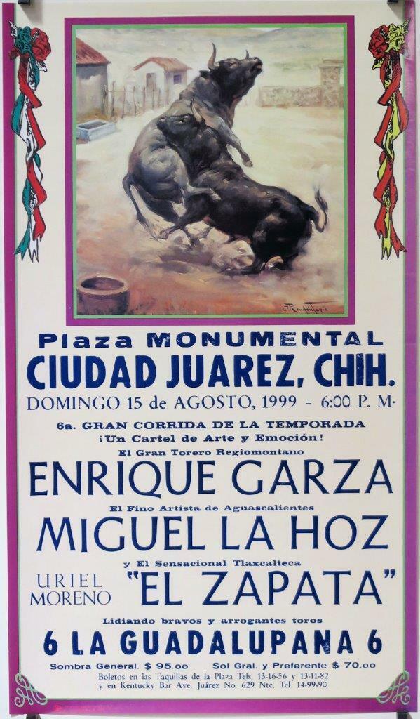 BF03 Original 1999 vintage Bullfight Poster from Mexico, Enrique Garza Cd Juarez