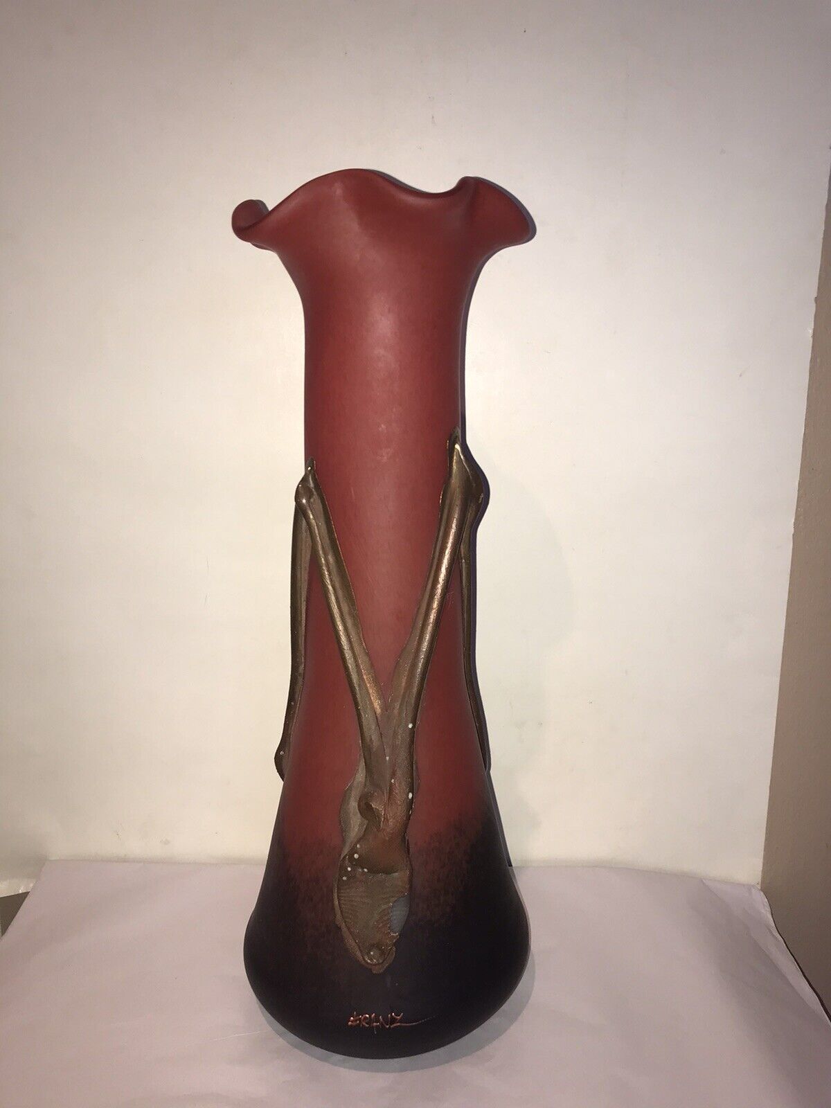 Vintage Franz Handmade Vase Red Floral Tulip Vessel w/ Copper Relief 17\