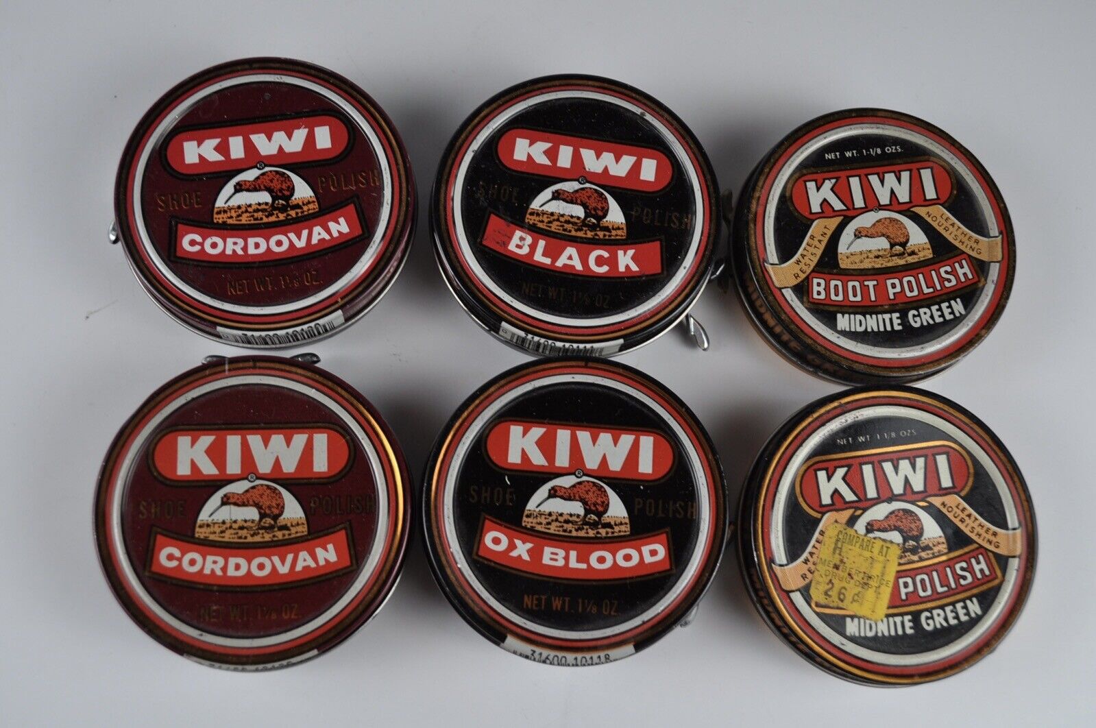 Vintage Kiwi Shoe Polish Tin 6 Cans - Cordovan, Ox Blood, Black & Midnite Green