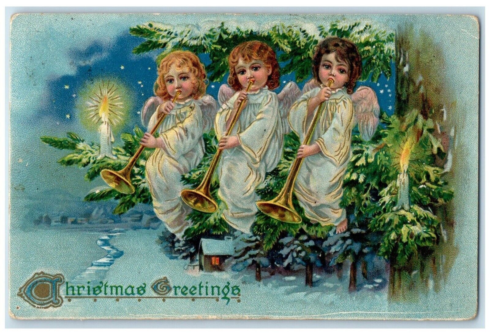 1908 Christmas Greetings Angels Flute Candle Winter Embossed Tuck\'s Postcard