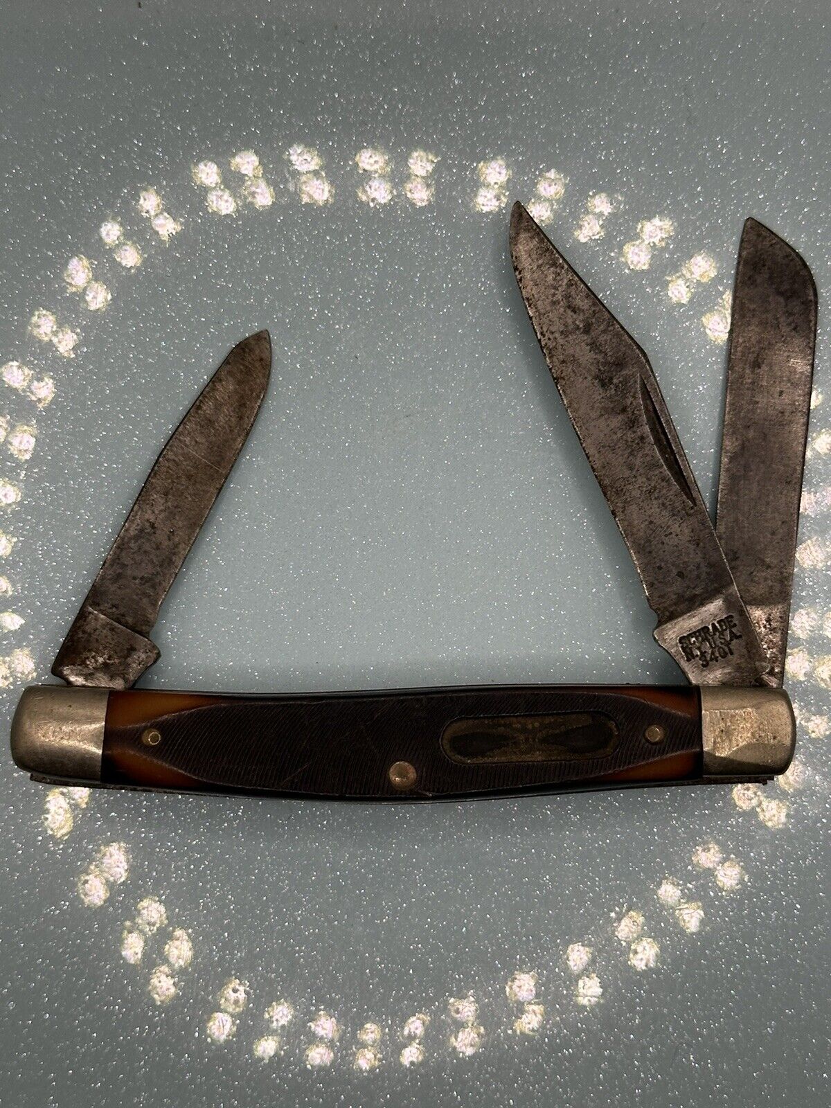 Schrade USA Pocket Knife Stockman 3 Plain Blades ** VINTAGE