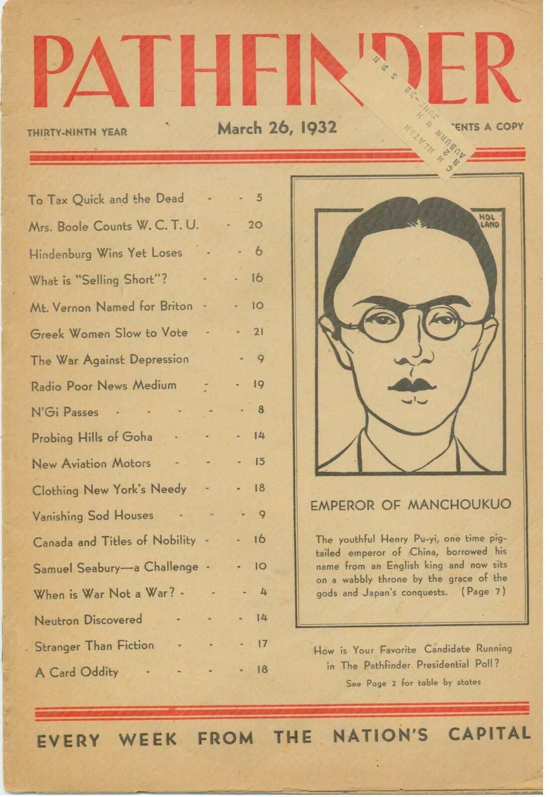 POLITICS (1932/ March 26) Newspaper PATHFINDER Presidential Poll; Ads