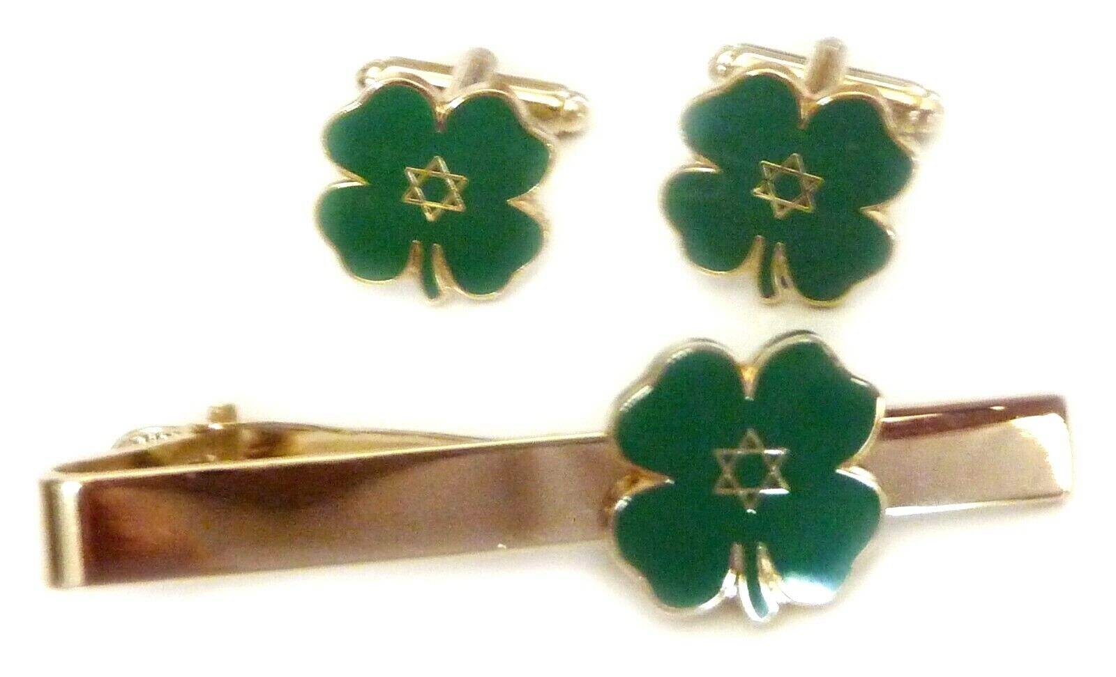 Jewish Lucky Four Leaf Clover Star of David Tie Bar Clip Cufflink Cuff Links Set