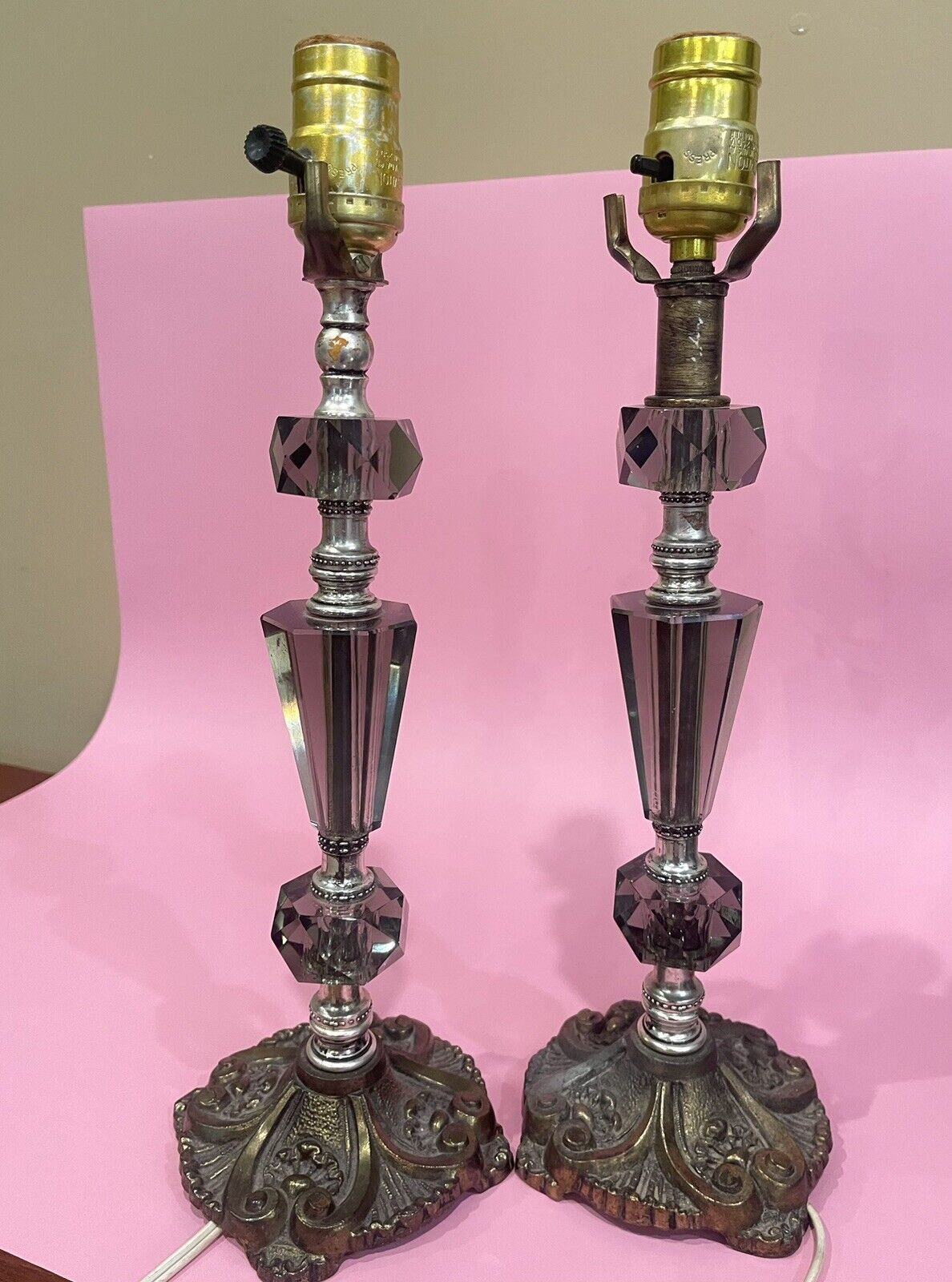 PAIR Vintage 60’s HOLLYWOOD REGENCY LAMPS Smoked Lucite Boudoir Crystal Table